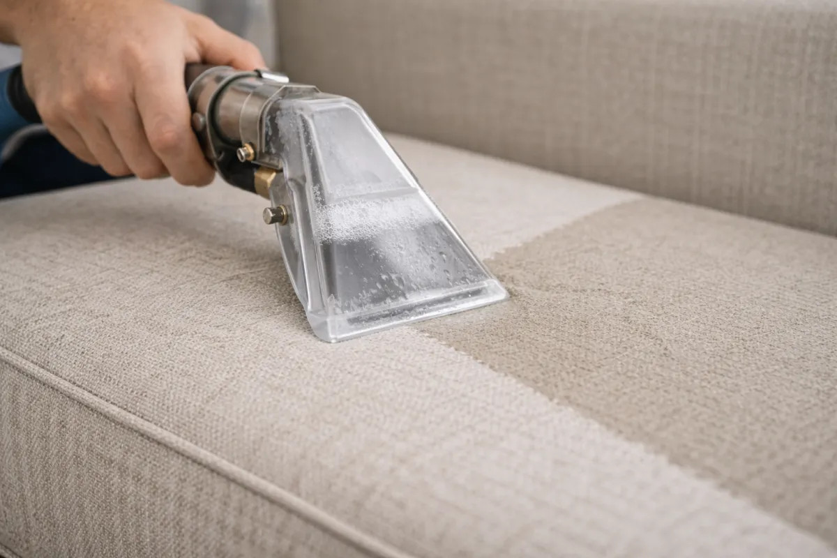 Technician performing upholstery extraction cleaning on a fabric sofa